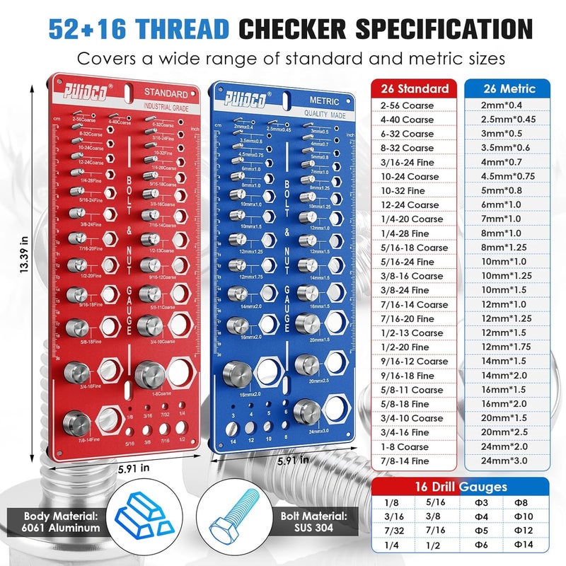 PUIOCO Store 68 Nut and Bolt Thread Checker Standard and Metric, Screw Size and Thread Gauge with 26 SAE & 26 Metric & 16 Drill Bit Gauge, Bolt and Nut Identifier Gauge Bolt Size Finder for Quickly Identify - Image 2